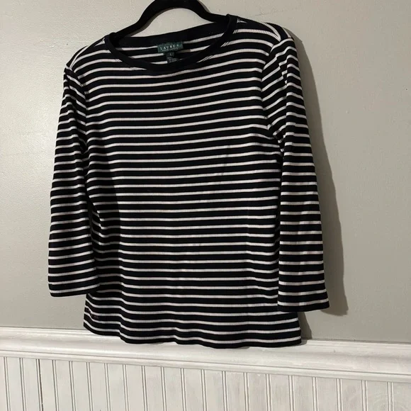 Lauren Ralph Lauren | Black & White Stripe Boat Neck Top Size Large - Picture 2 of 7
